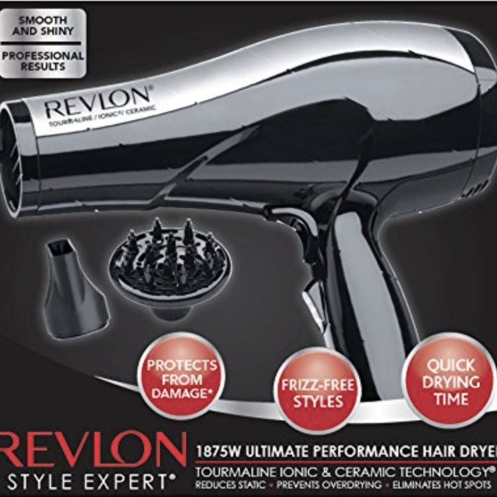 REVLON Style Expert 1875W Tourmaline Ionic Ceramic Blow Dryer Black Silver EUC